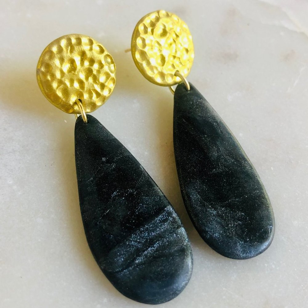 Hammered Gold and Black Marble Teardrop Earrings